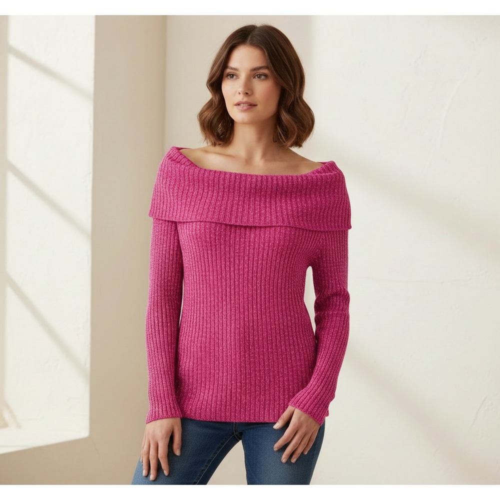 NEW INC Womens Sweater Pink Fuchsia Shimmer Metallic Glam Party Edgy Cocktail M